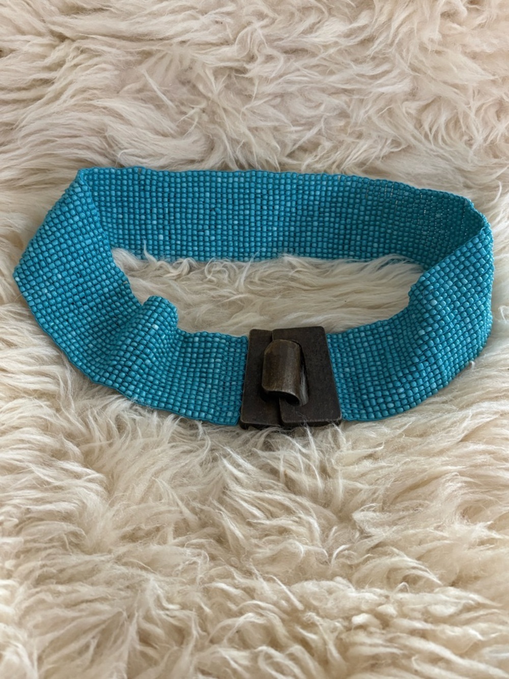 Turquoise Beaded Wide Stretch Belt with Dark Wooden Buckle